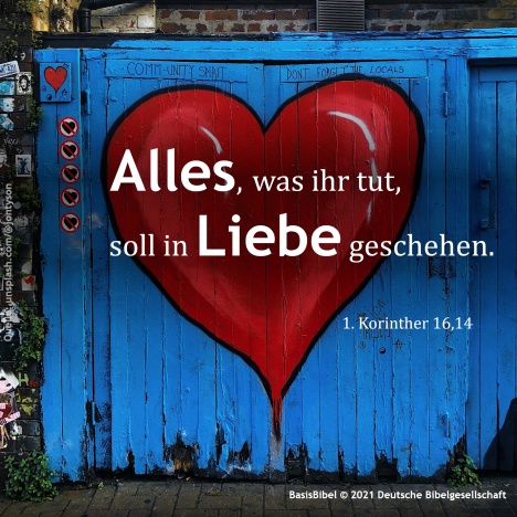 Jahreslosung 2024 "Alles, was ihr tut, soll in Liebe geschehen (1. Korinther 16,14) - Rotes Herz auf blauen Türen (Quelle: unsplash.com/@jontyson)