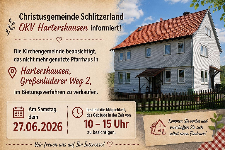 Besichtigung Pfarrhaus Hartershausen, 27.06.2026, 10-15 Uhr, Großenlüderer Weg 2, Hartershausen Besichtigung Pfarrhaus Hartershausen, 27.06.2026, 10-15 Uhr, Großenlüderer Weg 2, Hartershausen
