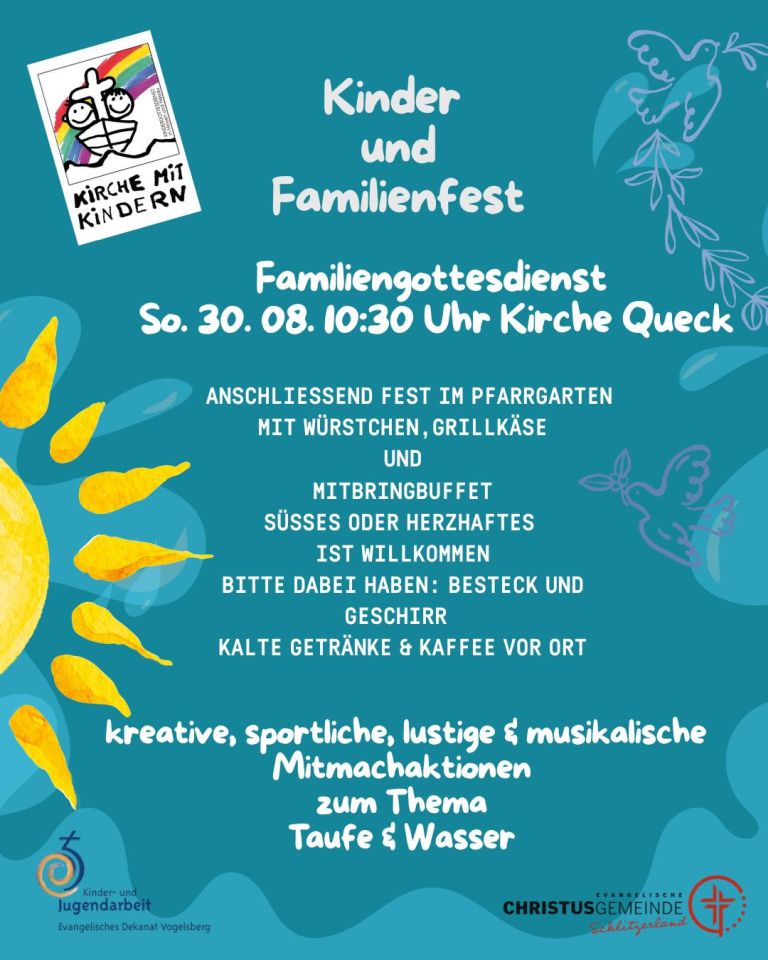 Kinder- und Familienfest, 30.08.2026, 10.30 Uhr, Kirche Queck und Pfarrgarten