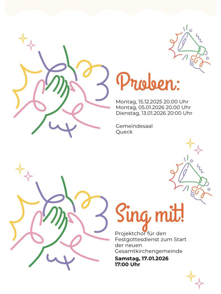 Proben Projektchor für Festgottesdienst am 17.01.2026
