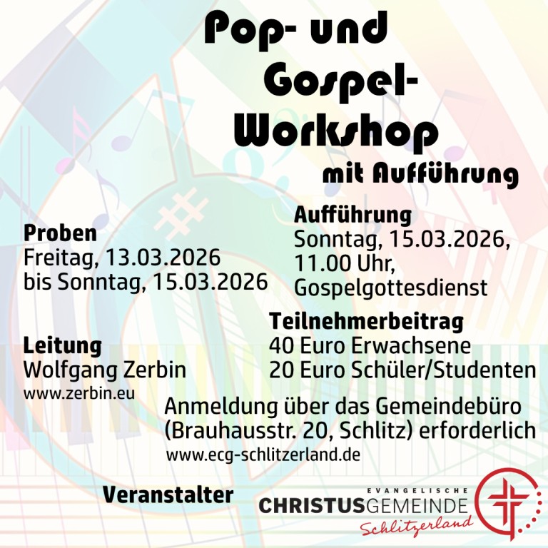 Pop- und Gospelworkshop mit Wolfgang Zerbin, 13.-15.03.2026, Ev. Gemeindehaus u. Stadtkirche Schlitz
