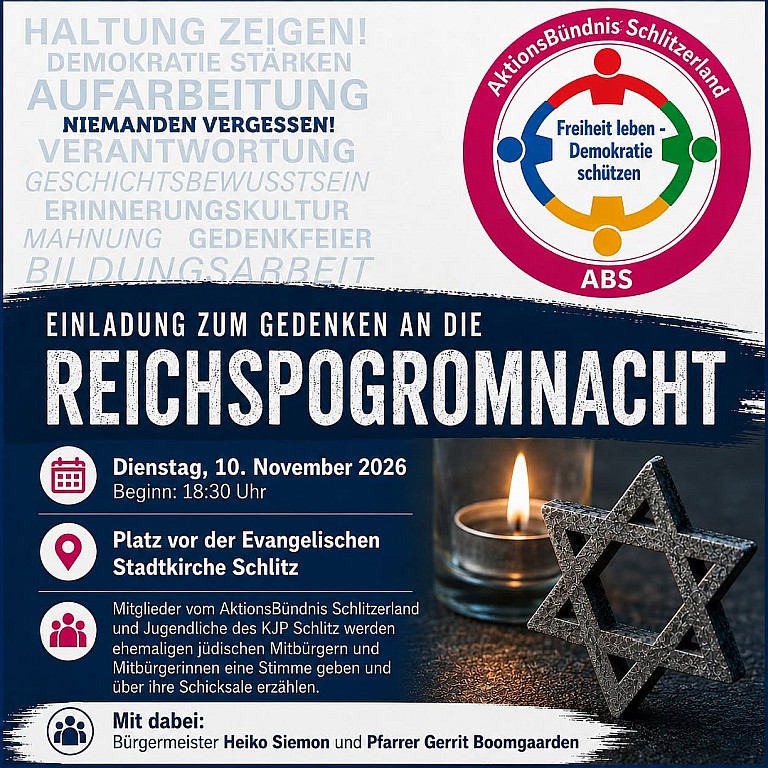 Gedenken an die Reichsprogromnacht, Dienstag, 10.11.2026, 18.30 Uhr, Kirchplatz Stadtkirche Schlitz
